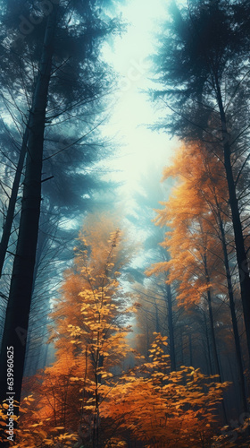 vertical panorama of a gloomy autumn forest