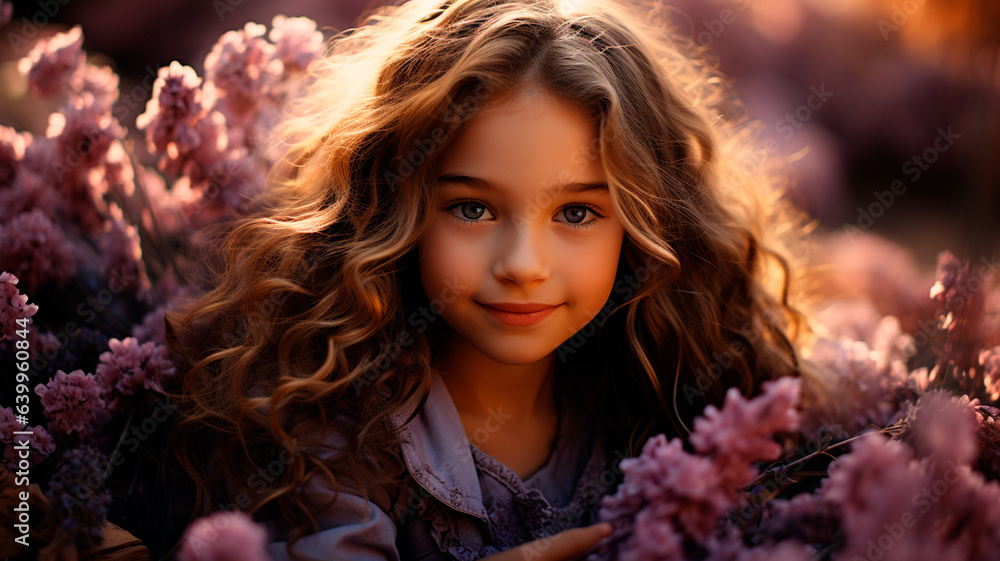 little girl in a lavender field. summer sunset little girl in a lavender field. summer sunset