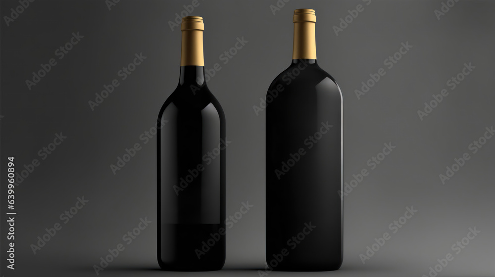 Two Luxurious Wine Bottle Packaging Mockup with Gold Details on Dark Background Two Luxurious Wine Bottle Packaging Mockup with Gold Details on Dark Background