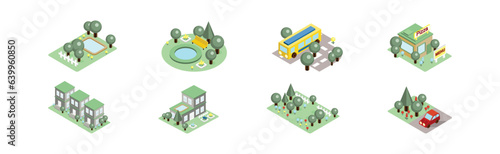 Isometric City Buildings with Park Area Vector Set
