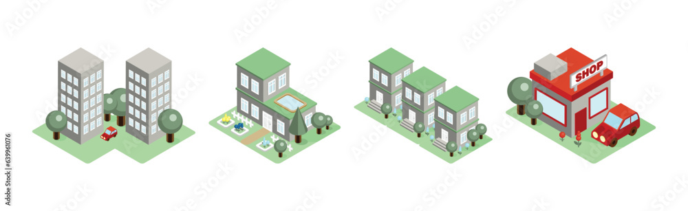 Isometric City Buildings with Yard Tree and Shop Vector Set