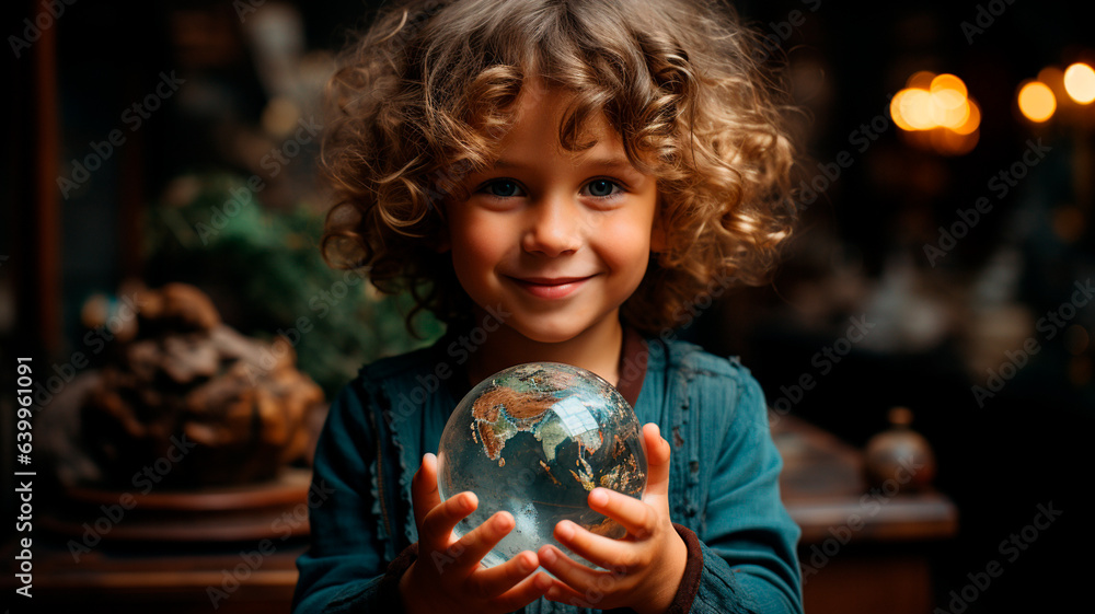Naklejka premium portrait of little girl holding a crystal ball