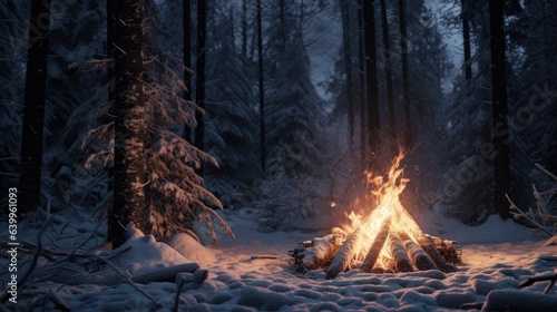 bonfire with fire in winter frosty forest. © Светлана Канунникова