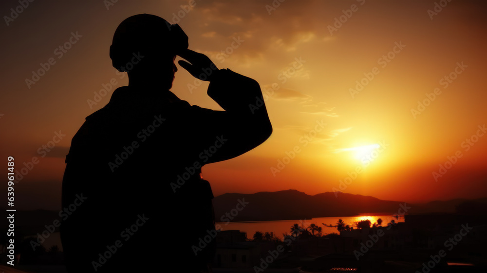 Silhouette of a Soldier Saluting the Sun in a Beautiful Sunset AI Generated