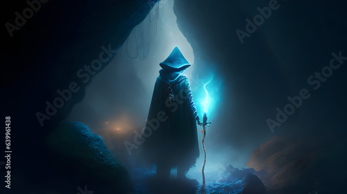 A shrouded figure stands next to a magical amulet, which emits a bright light. The figure seems to be harnessing the energy. Location: a dark cave. Random item: a wooden staff. Weather: a misty night.