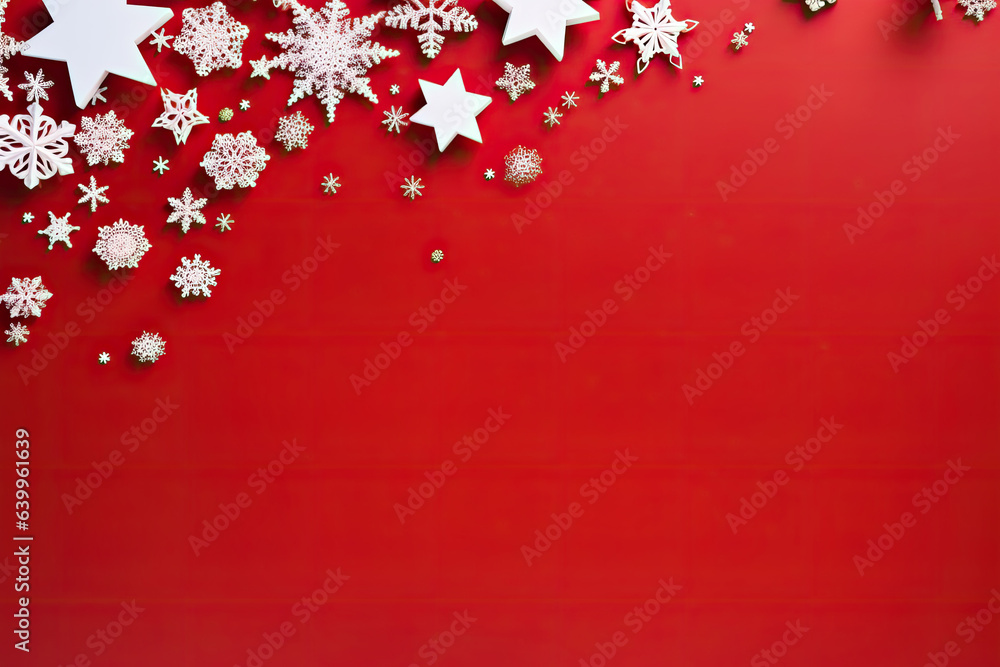 Christmas red background with christmas stars, snowflakes and xmas decoration. Copy space for text Christmas red background with christmas stars, snowflakes and xmas decoration. Copy space for text