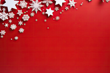Christmas red background with christmas stars, snowflakes and xmas decoration. Copy space for text