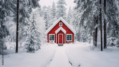 Beautiful landscape. Wooden house in the winter forest