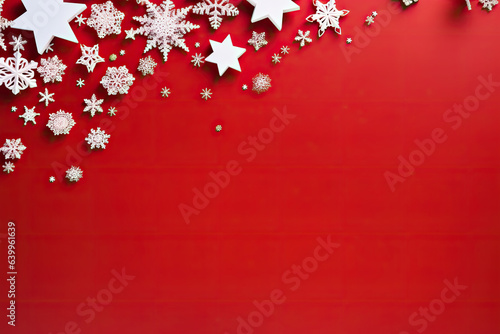 Christmas red background with christmas stars, snowflakes and xmas decoration. Copy space for text