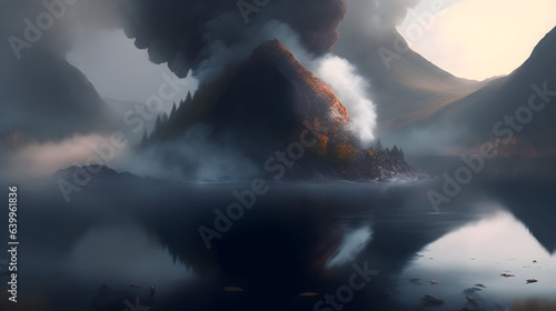 In the middle of a tranquil lake, a small island suddenly explodes, sending rocks and debris flying in every direction. The cause? A buildup of volcanic activity beneath the surface. The lake is fille photo