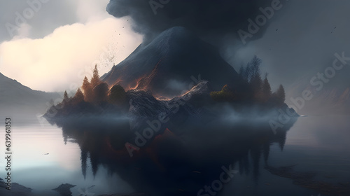 In the middle of a tranquil lake, a small island suddenly explodes, sending rocks and debris flying in every direction. The cause? A buildup of volcanic activity beneath the surface. The lake is fille photo