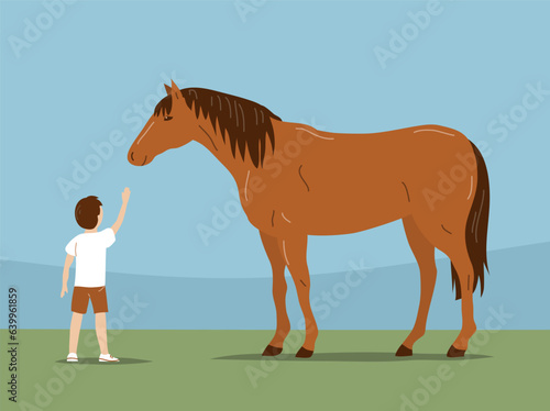 Little boy and horse. Horse therapy for children. Animal friend. Health care and rehabilitation. Flat vector illustration