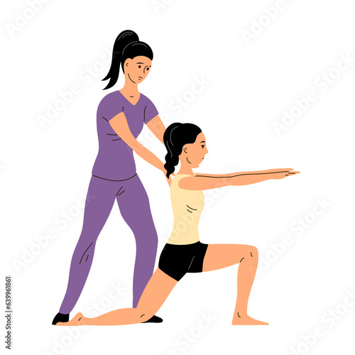 Physical rehabilitation clinic. Girl patient doing exercises under the supervision of woman doctor. Therapy and recovery. Flat vector illustration