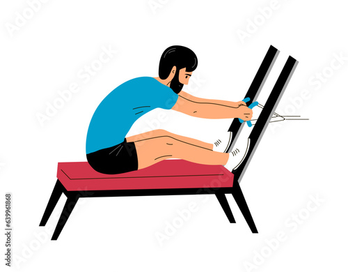 Young man doing exercises on a sports simulator. Body training and strengthening. Sport, therapy and recovery. Flat vector illustration