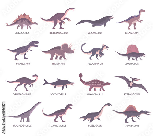 Set of ancient carnivorous and herbivorous dinosaurs. Brachiosaurus  t rex  stegosaurus and pteranodon. Extinct lizard of the Jurassic period. Prehistoric dino. Vector illustration
