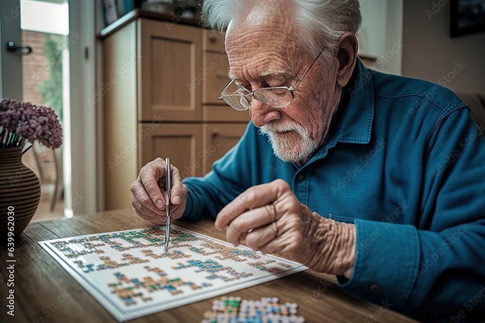 An older, retired man tries to solve a puzzle, a mental exercise to stay young. Ai generated. - obrazy, fototapety, plakaty 