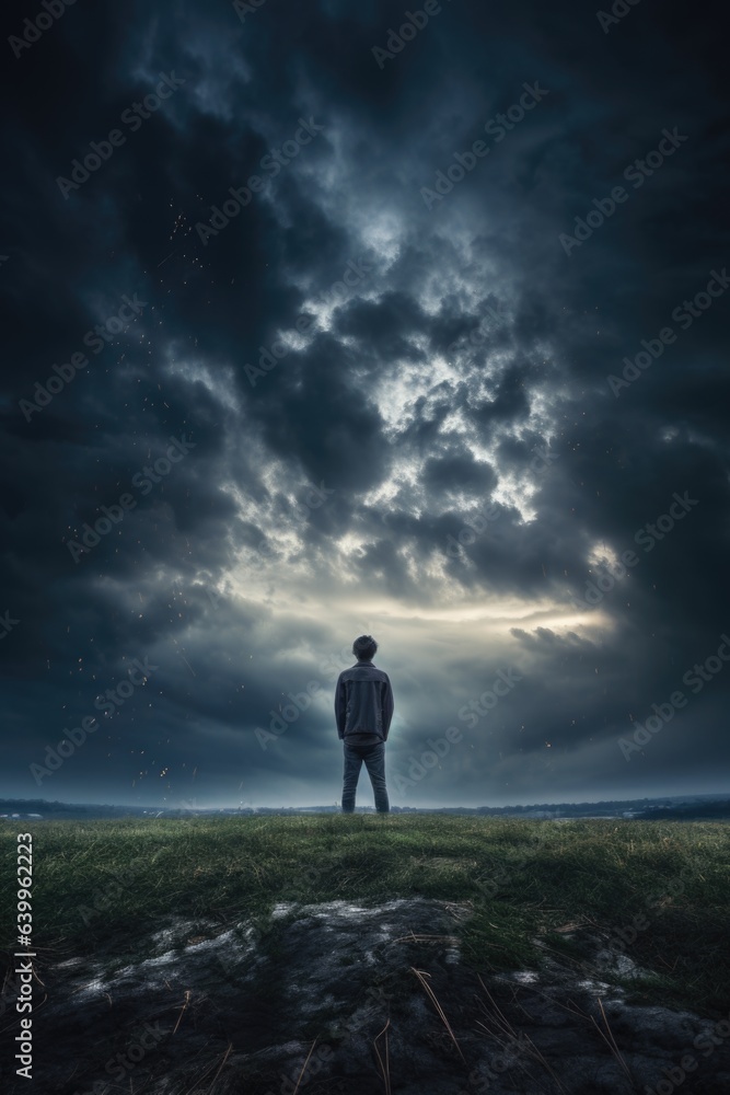 a person standing in front of a storm