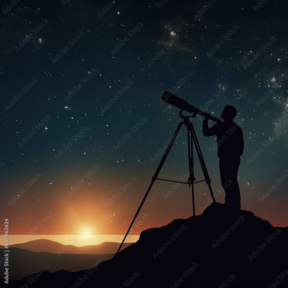 a silhouette of a man looking at sky using telescope