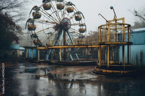 abandoned amusement park with fallen rides and Ferris wheel