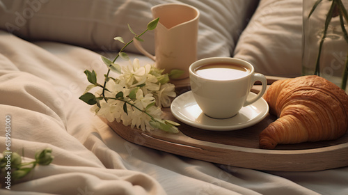 Coffee cup and croissants are placed in trays on the bed.