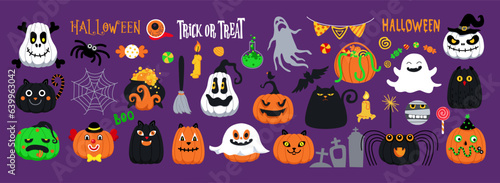 Halloween cute set of creatures, ghosts, pumpkins with faces, lettering. Cats, skull, spider, clown, owl faces. Holiday funny spooky characters. 