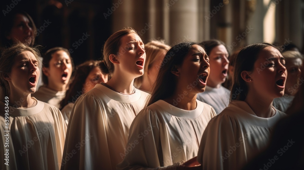 Fototapeta premium A choir singing during Easter service in a historic church.