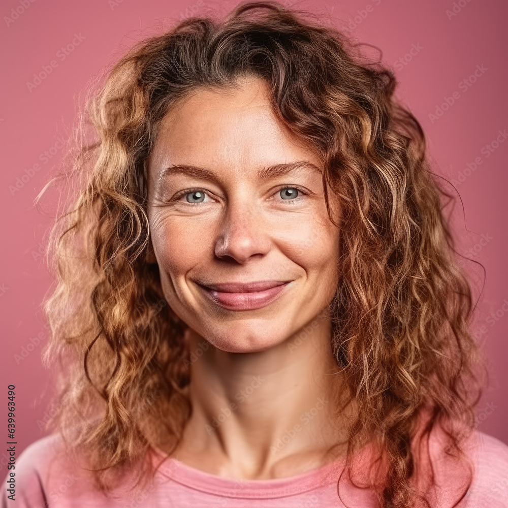 Close-up portrait of confident and friendly 35 years old pretty woman smiling to camera and isolated on salmon pink. Close-up portrait of confident and friendly 35 years old pretty woman smiling to camera and isolated on salmon pink.