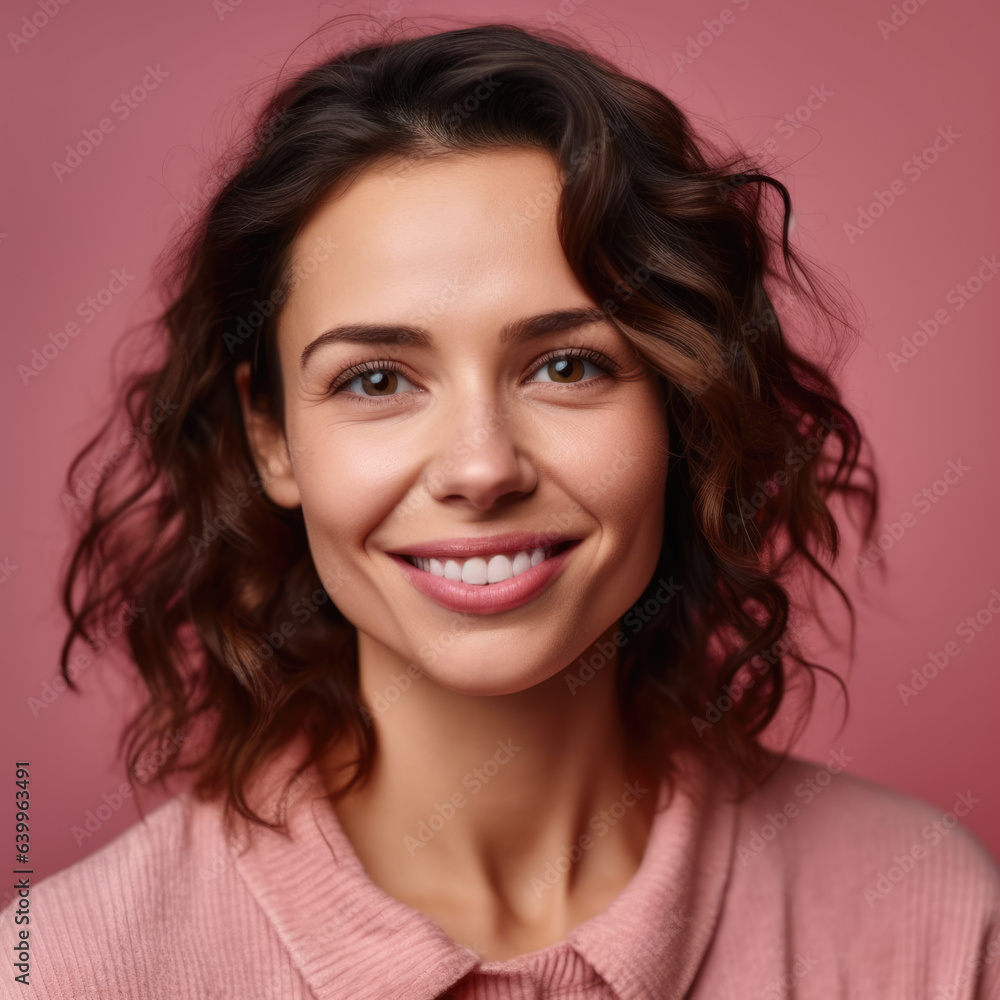 Close-up portrait of confident and friendly 35 years old pretty woman smiling to camera and isolated on pink. Close-up portrait of confident and friendly 35 years old pretty woman smiling to camera and isolated on pink.