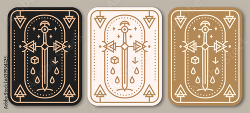 Esoteric symbols poster, banner. Vector. Thin line geometric badge. Outline icon for alchemy or sacred geometry. Mystic and magic design with Old sword.