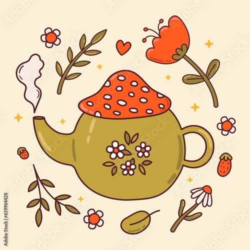 Cottagecore cute teapot and  flowers. Hand drawn country style porcelain kettle with amanita mushroom cap. Green witch, goblincore elements. Vector illustration for card, poster, print design