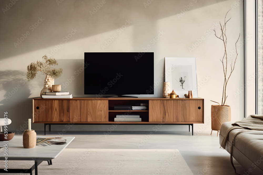 Obraz premium Television put on wood table, background white wall.