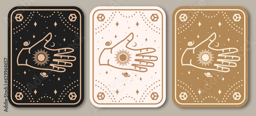 Esoteric symbols poster, banner. Vector. Thin line geometric badge. Outline icon for alchemy or sacred geometry. Mystic and magic design with hand, stars, planets and moon.