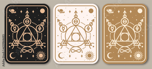 Esoteric symbols poster, banner. Vector. Thin line geometric badge. Outline icon for alchemy or sacred geometry. Mystic and magic design with philosopher stone.