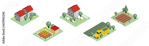 Isometric Farm and Rural Landscape with Barn House, Tractor and Field Vector Set