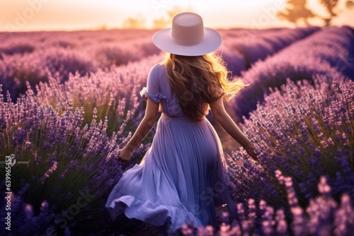 Happy woman back view with hat walking through in lavender flower filed