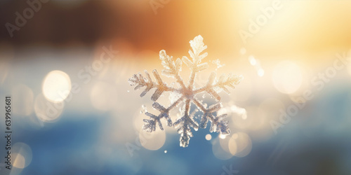 Snowflake in winter sunshine on bokeh background. Christmas and New Year concept.