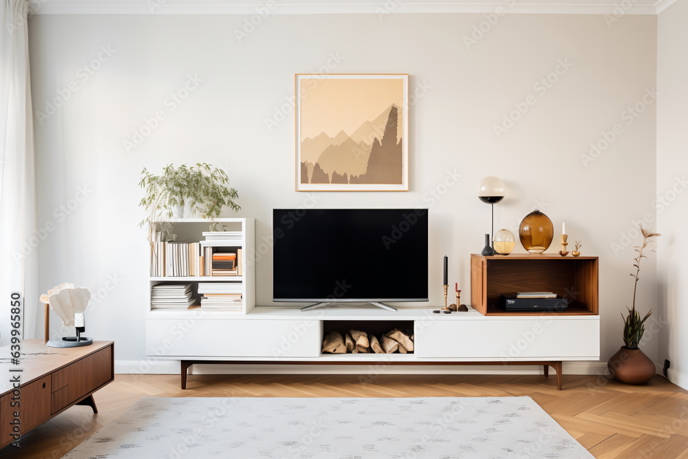 Television put on wood table, background white wall. Television put on wood table, background white wall.