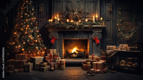 Interior of luxury classic living room with Christmas decor. Blazing fireplace, garlands and burning candles, elegant Christmas tree, gift boxes. Christmas and New Year celebration concept.
