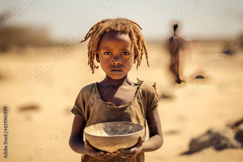 A young child, eyes filled with longing, holding an empty bowl amidst a barren landscape