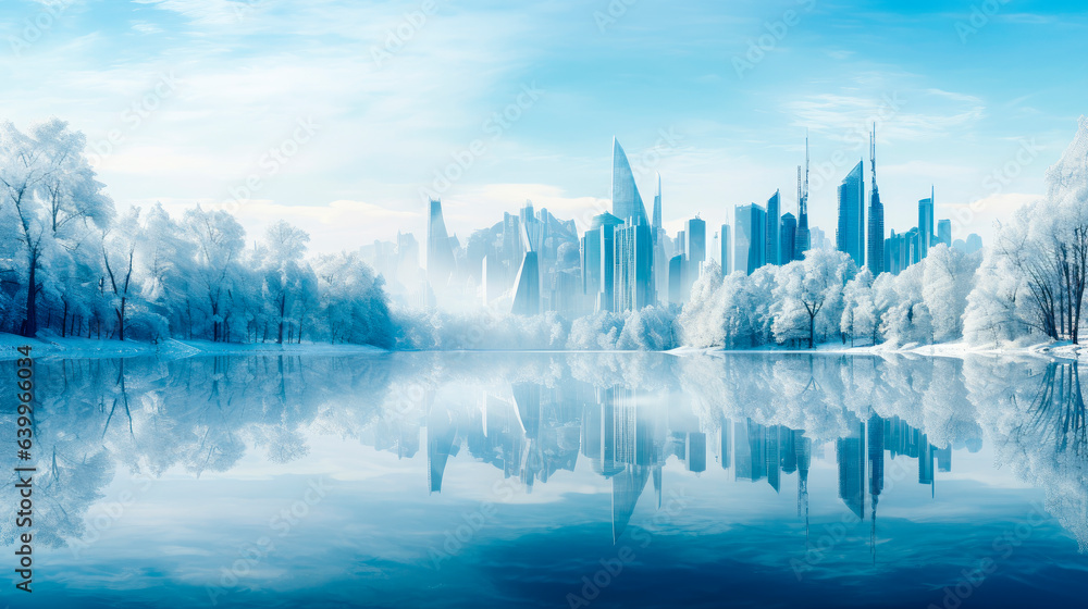 Fototapeta premium Winter landscape with modern futuristic cityscape, frozen lake and trees covered with hoarfrost