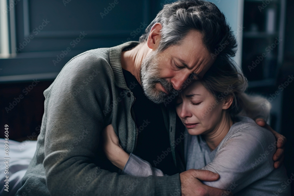 Husband trying to comfort his wife due to her loss Husband trying to comfort his wife due to her loss