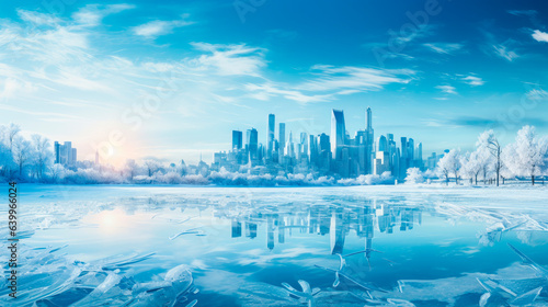 Winter modern futuristic city with reflection on frozen lake