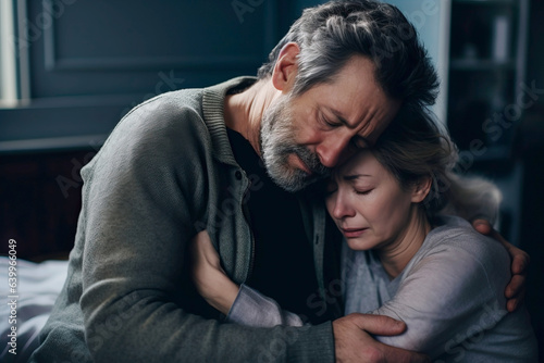 Husband trying to comfort his wife due to her loss