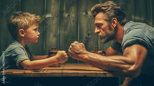 Father and kid arm wrestling competition.