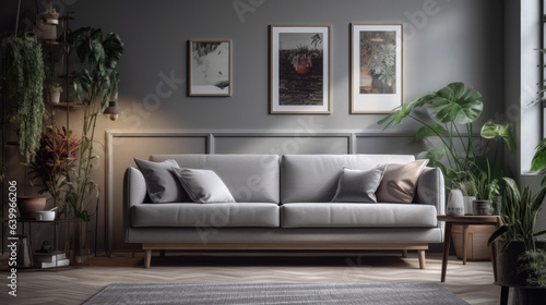 Stylish grey sofa, houseplants and picture hanging on light wall in living room.