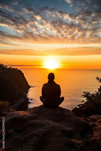 a man sitting on a cliff edge looking at sunrise from sea