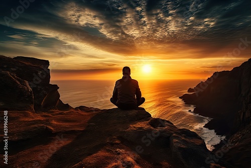 a man sitting on a cliff edge looking at sunrise from sea © DailyLifeImages