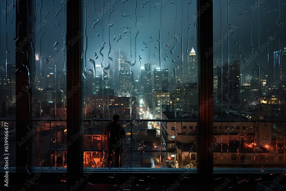 Obraz premium view of city buildings while raining at night from a glass window