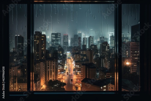 view of city buildings while raining at night from a glass window