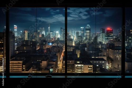 view of city buildings at night from a glass window